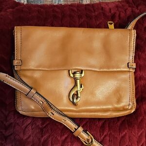 Etienne Aigner Tan and Gold Crossbody Bag with Flap Closure and Leather Strap